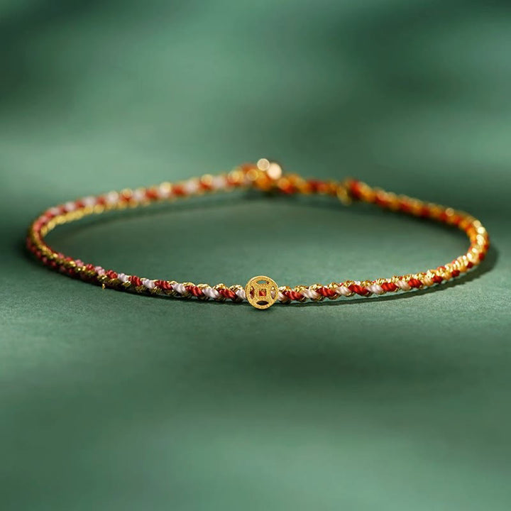 Buddha Stones Colorful Rope Luck Coin Bead Abundance Extra Thin Braided Bracelet - Red - Rope With Copper Coin - 20cm - image 8