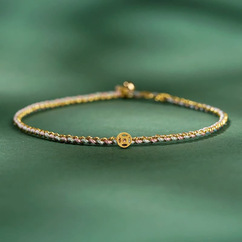 Buddha Stones Colorful Rope Luck Coin Bead Abundance Extra Thin Braided Bracelet - Light Pink - Rope With Copper Coin - 20cm - image 11