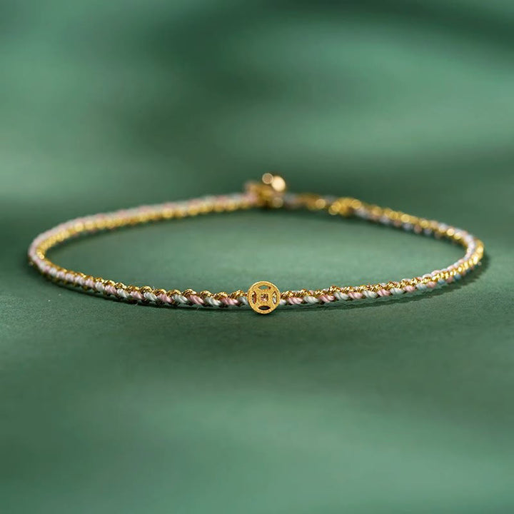 Buddha Stones Colorful Rope Luck Coin Bead Abundance Extra Thin Braided Bracelet - Light Pink - Rope With Copper Coin - 20cm - image 11