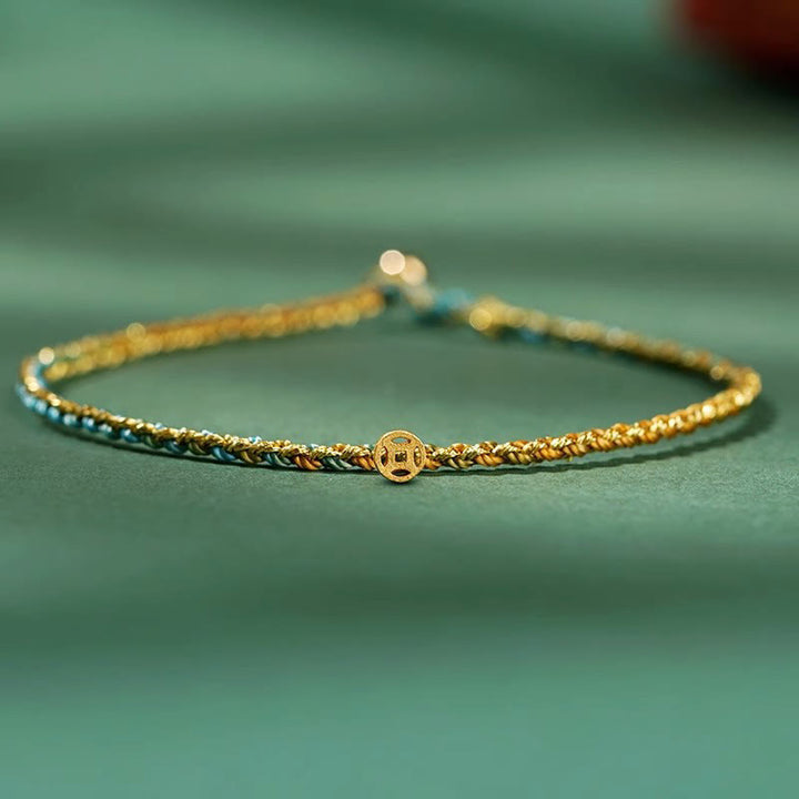 Buddha Stones Colorful Rope Luck Coin Bead Abundance Extra Thin Braided Bracelet - Green - Rope With Copper Coin - 20cm - image 13