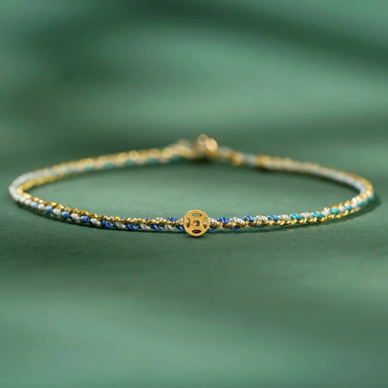 Buddha Stones Colorful Rope Luck Coin Bead Abundance Extra Thin Braided Bracelet - Blue - Rope With Copper Coin - 20cm - image 15