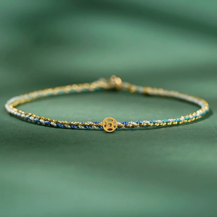 Buddha Stones Colorful Rope Luck Coin Bead Abundance Extra Thin Braided Bracelet - Blue - Rope With Copper Coin - 20cm - image 15