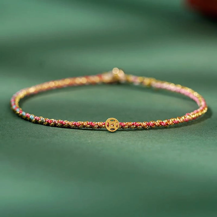 Buddha Stones Colorful Rope Luck Coin Bead Abundance Extra Thin Braided Bracelet - Pink - Rope With Copper Coin - 20cm - image 17