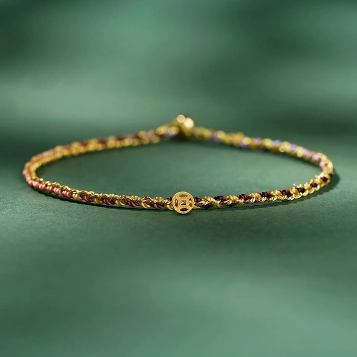 Buddha Stones Colorful Rope Luck Coin Bead Abundance Extra Thin Braided Bracelet - Yellow - Rope With Copper Coin - 20cm - image 21