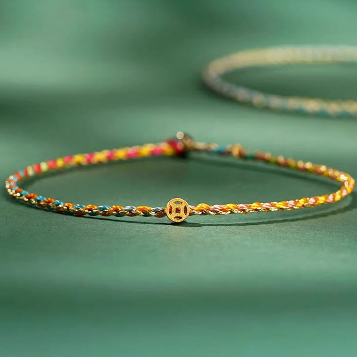 Buddha Stones Colorful Rope Luck Coin Bead Abundance Extra Thin Braided Bracelet