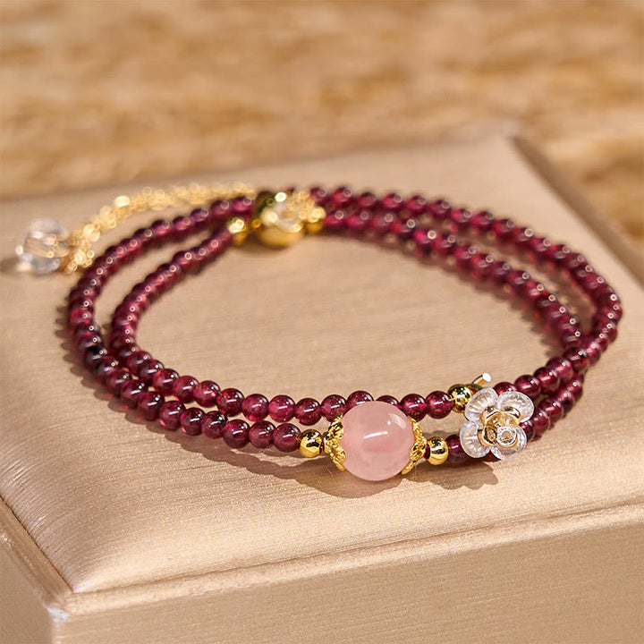 Buddha Stones Natural Flower Garnet Pink Crystal Calm Double Wrap Bracelet