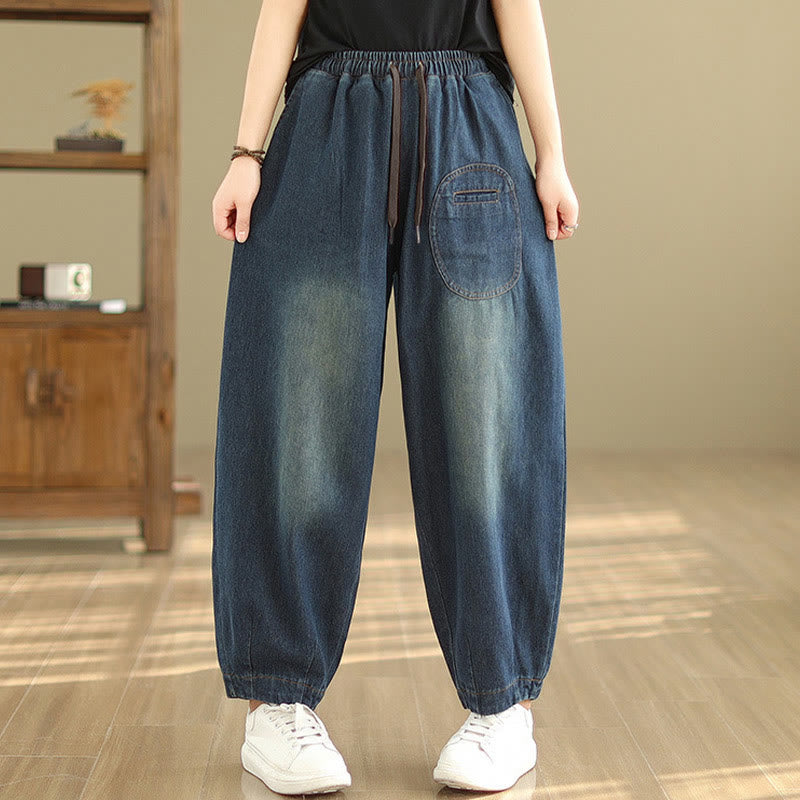 Buddha Stones Casual DarkSlateBlue Plain Drawstring Cotton Women's Harem Pants With Pockets - image 2