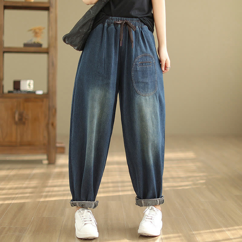 Buddha Stones Casual DarkSlateBlue Plain Drawstring Cotton Women's Harem Pants With Pockets - DarkSlateBlue - US12，UK/AU16，EU44 (2XL) - image 0