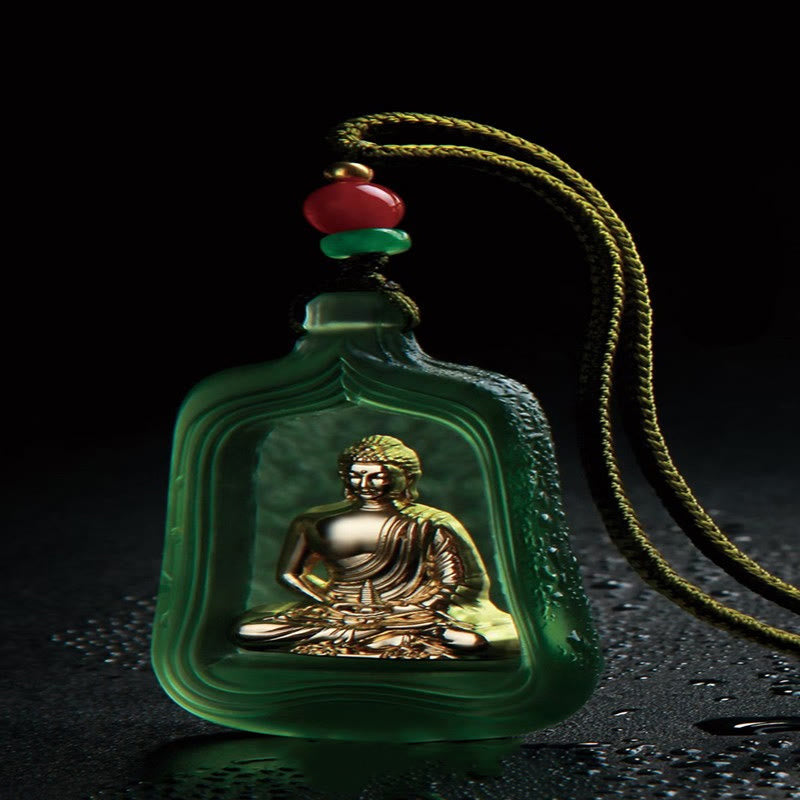 Buddha Stones Tibetan Medicine Buddha Liuli Crystal Compassion Serenity Necklace Pendant - Green Medicine Buddha Rope - image 8