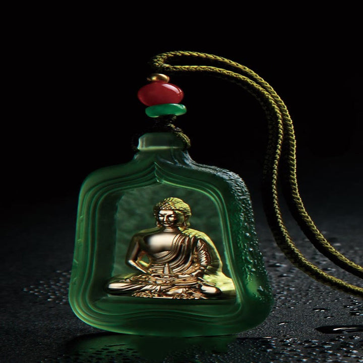 Buddha Stones Tibetan Medicine Buddha Liuli Crystal Compassion Serenity Necklace Pendant - Green Medicine Buddha Rope - image 8