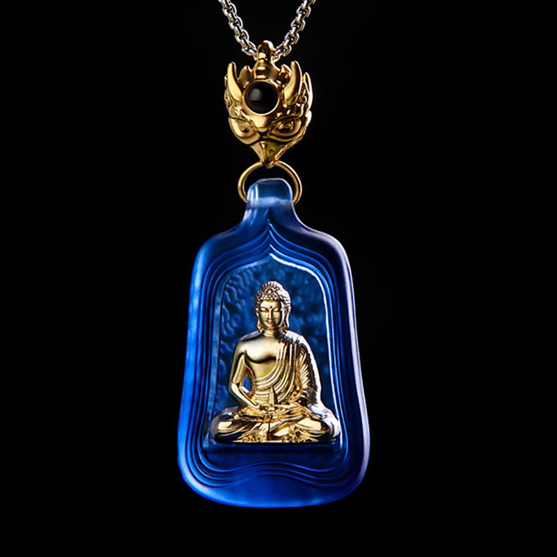 Buddha Stones Tibetan Medicine Buddha Liuli Crystal Compassion Serenity Necklace Pendant - Blue Medicine Buddha Chain - image 1