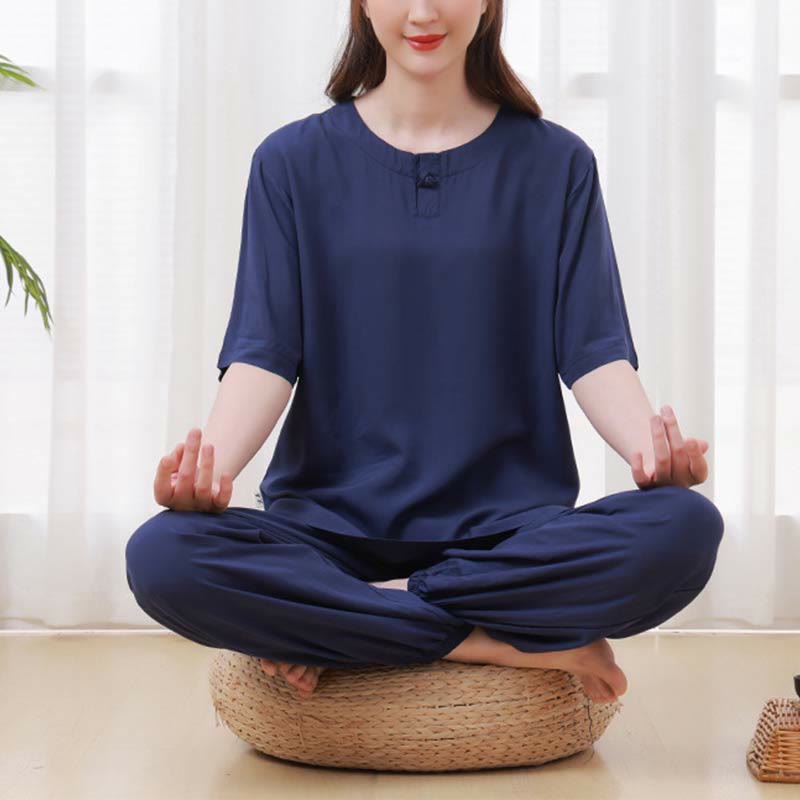Buddha Stones 2pcs Plain Color Frog-Button Simple Design Crew Neck Design Half Sleeve Shirt Top Elastic Waist Pants Meditation Zen Tai Chi Cotton Clothing Women's Set - Navy - US14，UK/AU18，EU46 (4XL) - image 23
