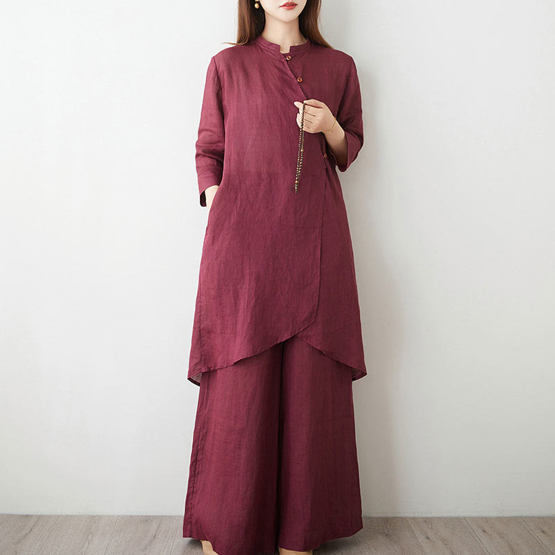 Buddha Stones Casual 2pcs Plain Three Quarter Sleeve Slanted Collar Shirt Top Wide Leg Pants With Pockets Meditation Zen Tai Chi Clothing Women's Set - image 3