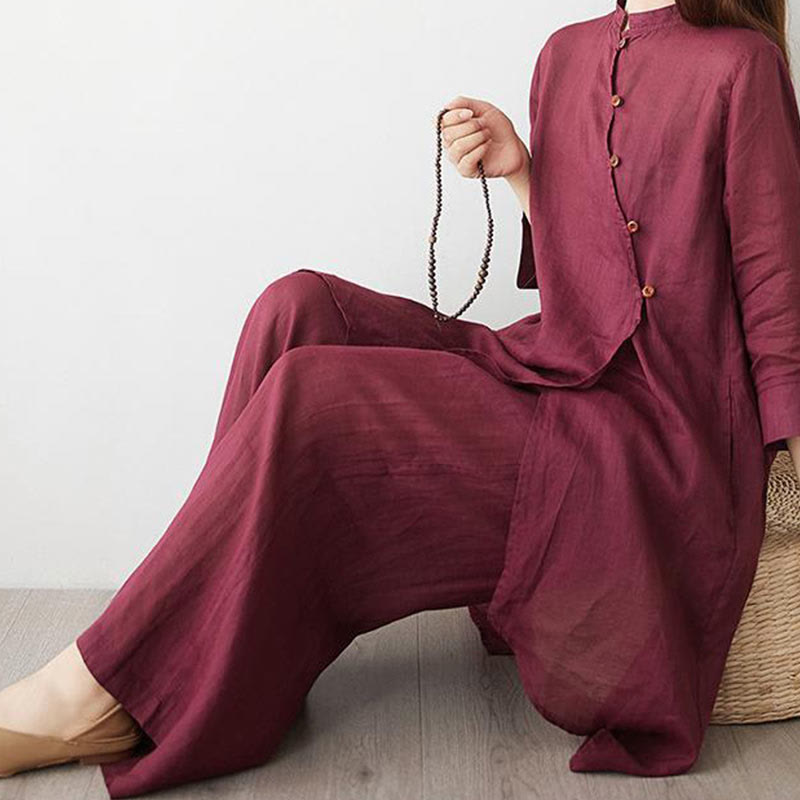 Buddha Stones Casual 2pcs Plain Three Quarter Sleeve Slanted Collar Shirt Top Wide Leg Pants With Pockets Meditation Zen Tai Chi Clothing Women's Set - image 7