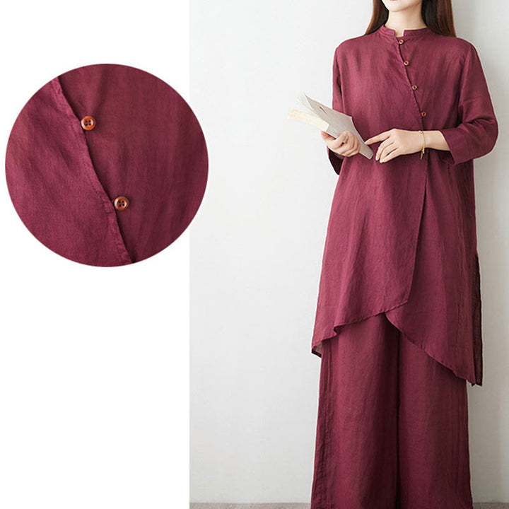 Buddha Stones Casual 2pcs Plain Three Quarter Sleeve Slanted Collar Shirt Top Wide Leg Pants With Pockets Meditation Zen Tai Chi Clothing Women's Set - image 8