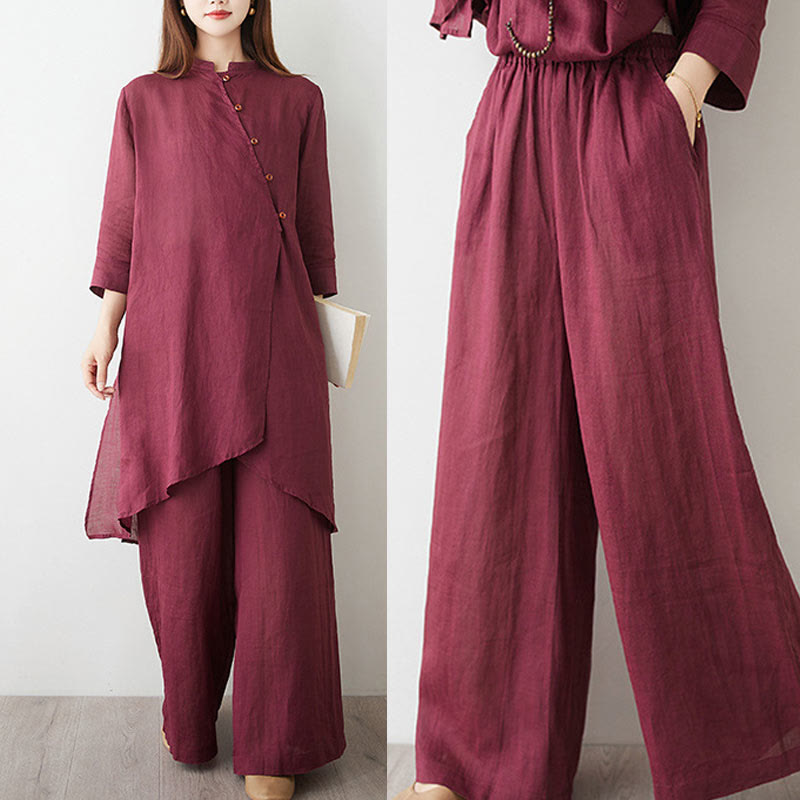 Buddha Stones Casual 2pcs Plain Three Quarter Sleeve Slanted Collar Shirt Top Wide Leg Pants With Pockets Meditation Zen Tai Chi Clothing Women's Set - image 17