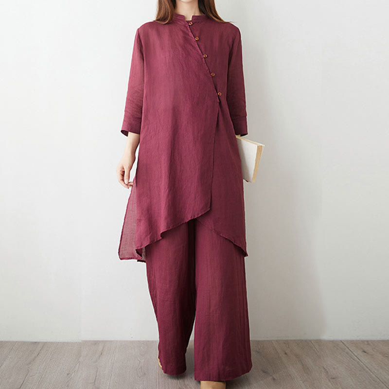 Buddha Stones Casual 2pcs Plain Three Quarter Sleeve Slanted Collar Shirt Top Skirt With Pockets Meditation Zen Tai Chi Clothing Women's Set - image 5