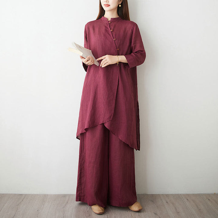 Buddha Stones Casual 2pcs Plain Three Quarter Sleeve Slanted Collar Shirt Top Skirt With Pockets Meditation Zen Tai Chi Clothing Women's Set - image 2