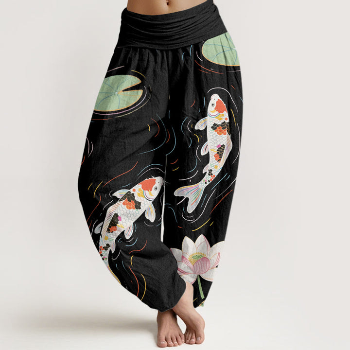 Buddha Stones Lotus Flower Lotus Leaves Koi Fish Water Ripples Pattern Women's Elastic Waist Harem Pants - Black - US22，UK/AU26，EU54 (6XL) - image 0