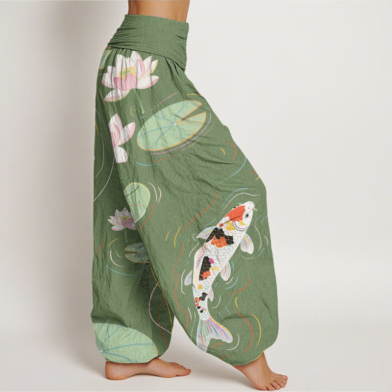 Buddha Stones Lotus Flower Lotus Leaves Koi Fish Water Ripples Pattern Women's Elastic Waist Harem Pants - image 6