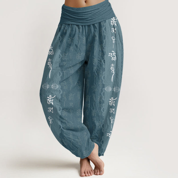 Buddha Stones Cotton Om Mani Padme Hum Pattern Women's Elastic Waist Harem Pants - DarkCyan - US22，UK/AU26，EU54 (6XL) - image 4
