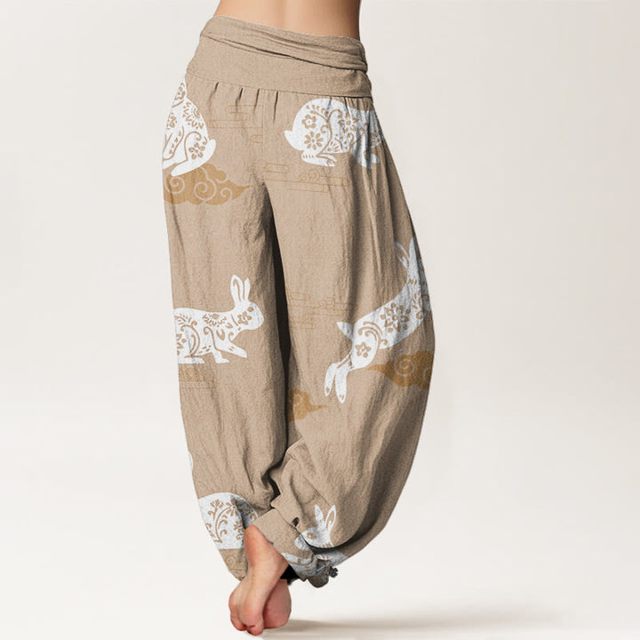 Buddha Stones White Rabbit Auspicious Cloud Pattern Women's Elastic Waist Harem Pants - image 8