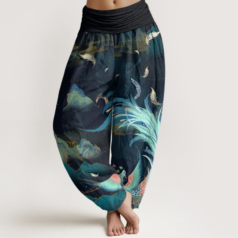 Buddha Stones Cotton Phoenix Mountain Cloud Pattern Women's Elastic Waist Harem Pants - DarkCyan - US22，UK/AU26，EU54 (6XL) - image 0