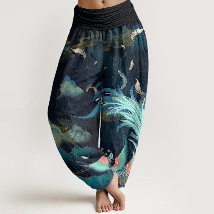 Buddha Stones Cotton Phoenix Mountain Cloud Pattern Women's Elastic Waist Harem Pants - DarkCyan - US22，UK/AU26，EU54 (6XL) - image 0