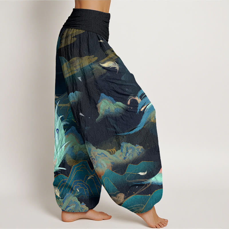 Buddha Stones Phoenix Mountain Cloud Pattern Women's Elastic Waist Harem Pants - image 2