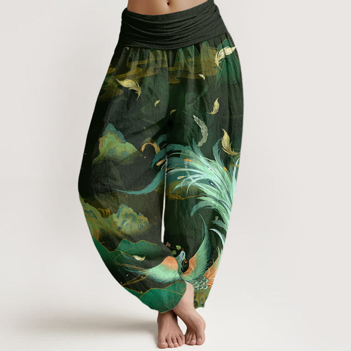 Buddha Stones Phoenix Mountain Cloud Pattern Women's Elastic Waist Harem Pants - OliveDrab - US22，UK/AU26，EU54 (6XL) - image 5