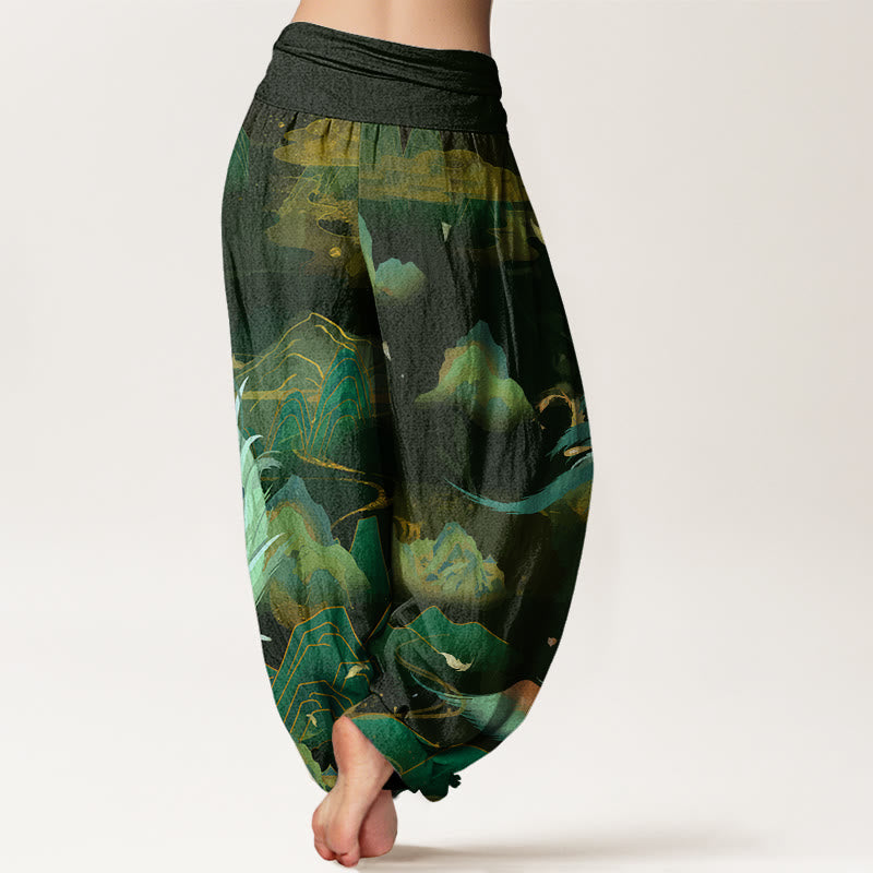 Buddha Stones Phoenix Mountain Cloud Pattern Women's Elastic Waist Harem Pants - image 5