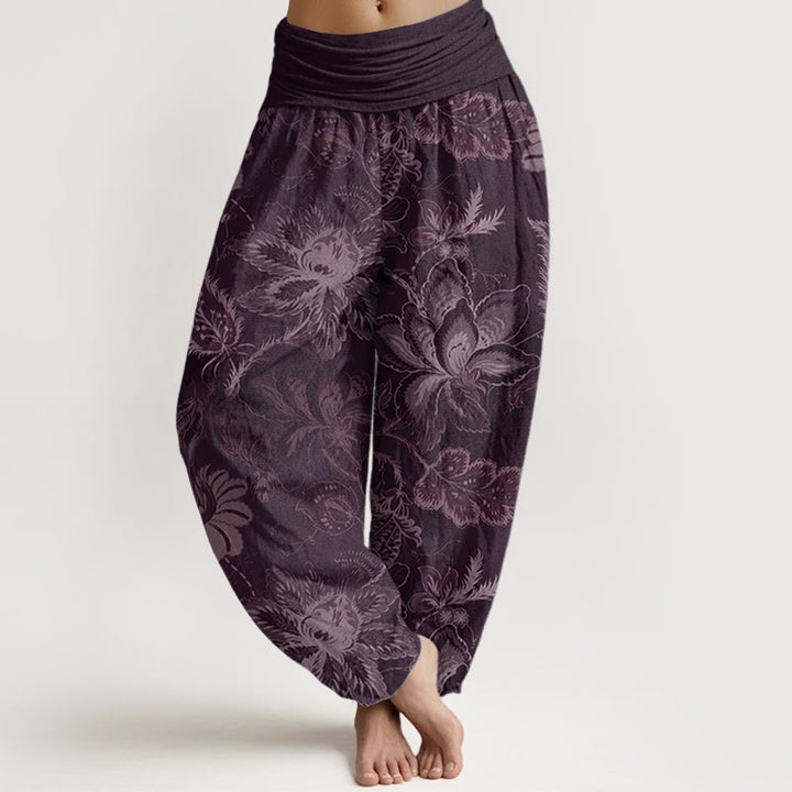 Buddha Stones Pure Cotton Casual Floral Leaves Women's Elastic Waist Harem Pants - Purple - US22，UK/AU26，EU54 (6XL) - image 8