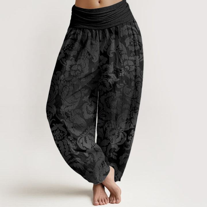 Buddha Stones Pure Cotton Casual Flower Leaves Design Women's Elastic Waist Harem Pants - Black - US22，UK/AU26，EU54 (6XL) - image 5