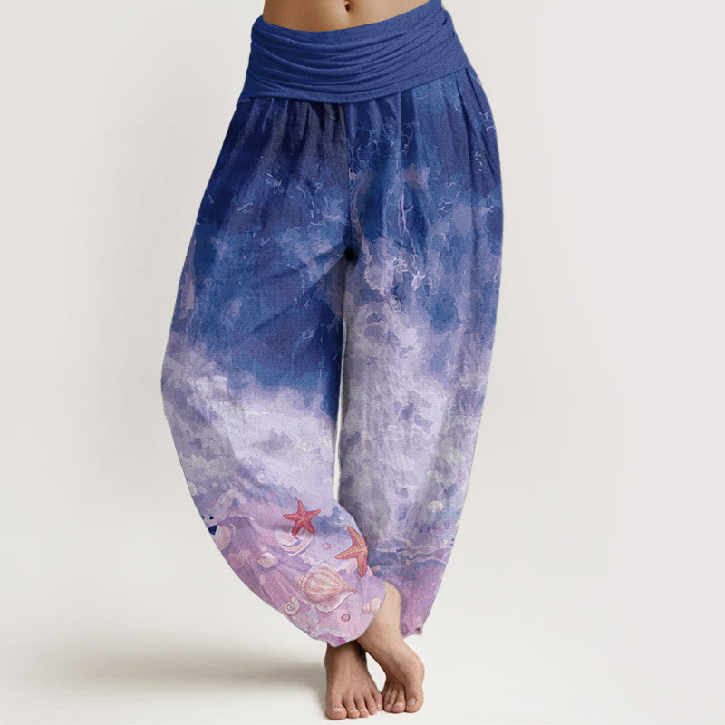Buddha Stones Pure Cotton Vast Ocean Pattern Women's Elastic Waist Harem Pants - DarkViolet - US22，UK/AU26，EU54 (6XL) - image 9