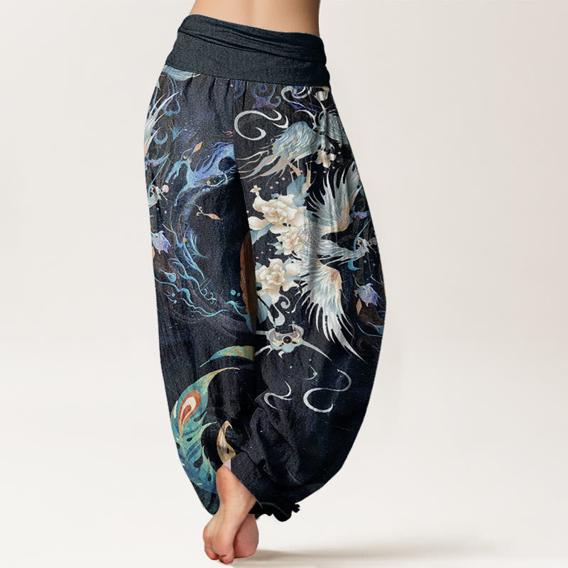 Buddha Stones Pure Cotton Phoenix Flower Pattern Women's Elastic Waist Harem Pants - image 1