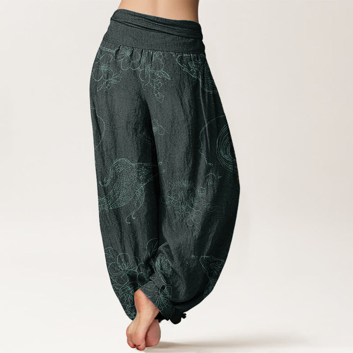 Buddha Stones Pure Cotton Koi Fish Floral Pattern Women's Elastic Waist Harem Pants - image 9