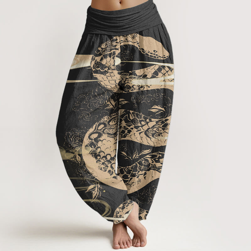 Buddha Stones Pure Cotton Auspicious Clouds With Snake Pattern Women's Elastic Waist Harem Pants - Black - US22，UK/AU26，EU54 (6XL) - image 0
