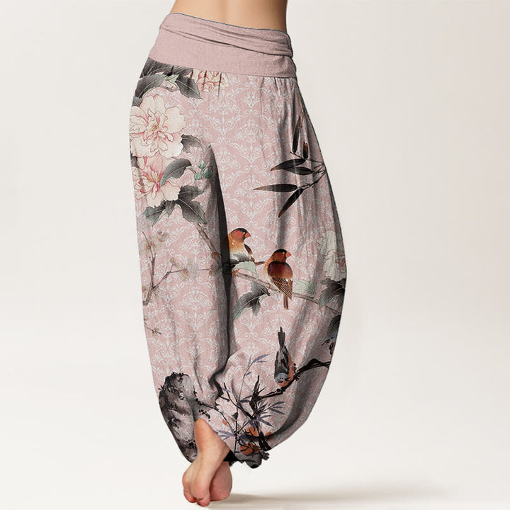 Buddha Stones Pure Cotton Warbler Bird Blooming Flower Branches Mandala Pattern Women's Elastic Waist Harem Pants - image 9