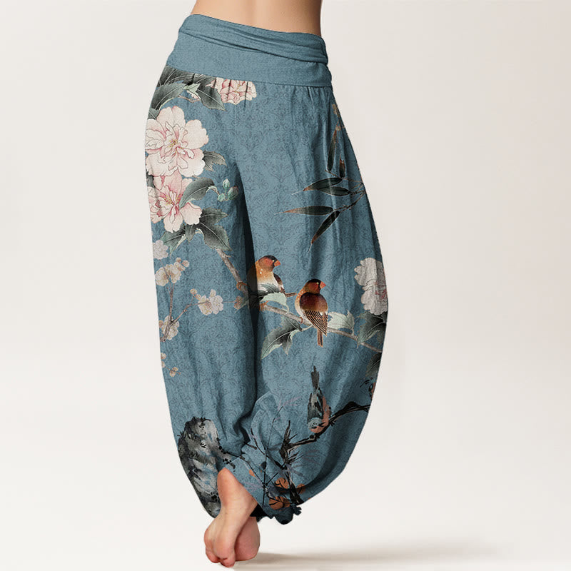 Buddha Stones Pure Cotton Warbler Bird Blooming Flower Branches Mandala Pattern Women's Elastic Waist Harem Pants - image 6