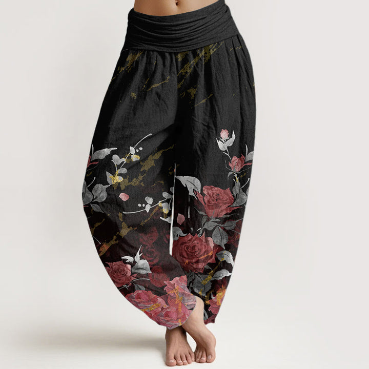 Buddha Stones Pure Cotton Blooming Roses Pattern Women's Elastic Waist Harem Pants - Black - US22，UK/AU26，EU54 (6XL) - image 0