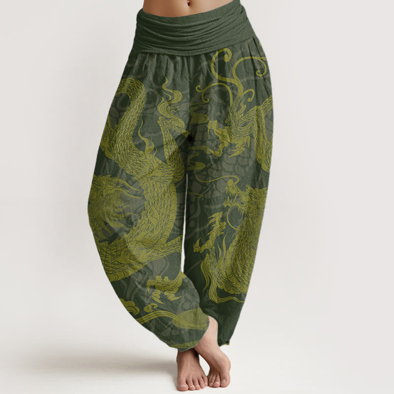 Buddha Stones Pure Cotton Dragon Auspicious Clouds Women's Elastic Waist Harem Pants - DarkOliveGreen - US22，UK/AU26，EU54 (6XL) - image 5