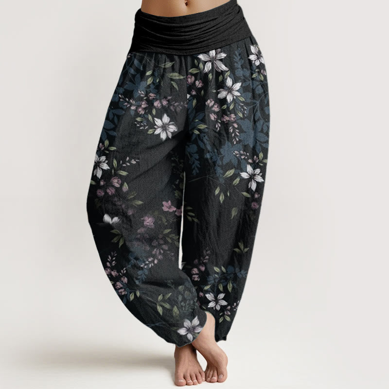Buddha Stones Pure Cotton Small White Blossoms Green Leaves Women's Elastic Waist Harem Pants - Black - US22，UK/AU26，EU54 (6XL) - image 0