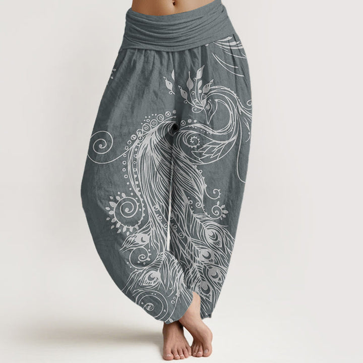 Buddha Stones Pure Cotton Casual Peacock Design Women's Elastic Waist Harem Pants - SlateGray - US22，UK/AU26，EU54 (6XL) - image 5