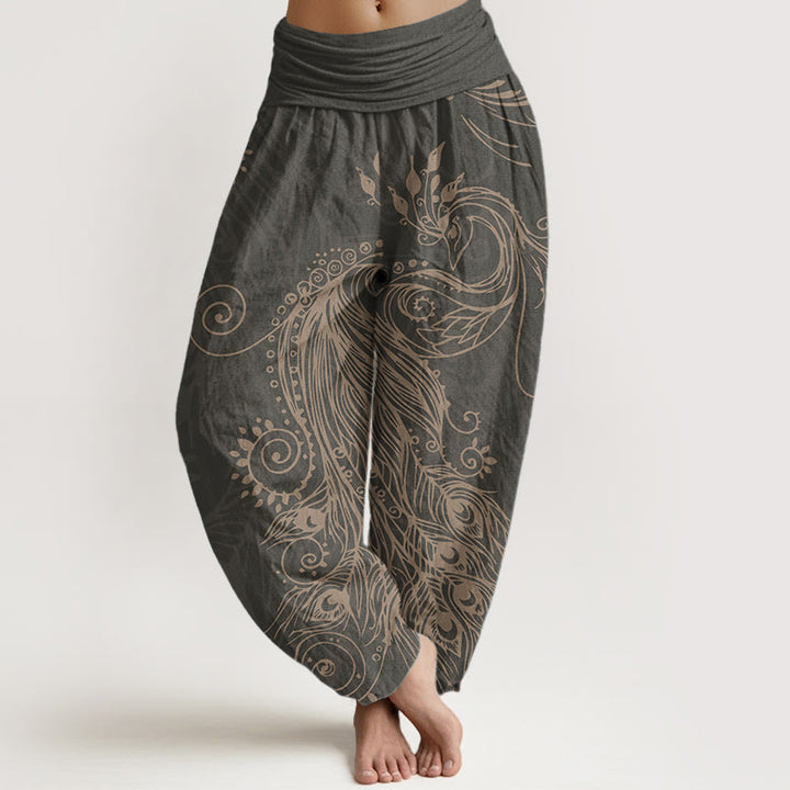 Buddha Stones Pure Cotton Casual Peacock Design Women's Elastic Waist Harem Pants - DimGray - US22，UK/AU26，EU54 (6XL) - image 8