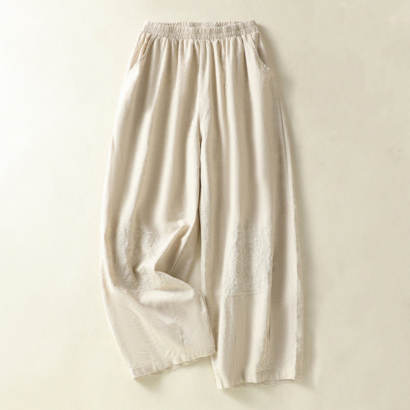 Buddha Stones Vintage Summer Casual Embroidery Paisley Pattern Women's  Cotton Linen Harem Pants With Pockets - AntiqueWhite - US8-10，UK/AU12-14，EU40-42 (2XL) - image 6