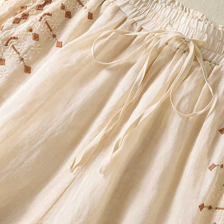 Buddha Stones Ethnic Embroidery Drawstring Cotton Linen Women's High Waist Wide Leg Pants With Pockets - image 3