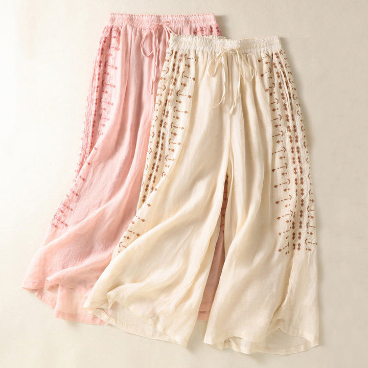 Buddha Stones Ethnic Embroidery Drawstring Cotton Linen Women's High Waist Wide Leg Pants With Pockets - image 14