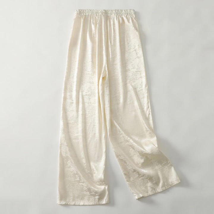 Buddha Stones Spring Casual Jacquard Solid Color Women's Cotton Linen Wide Leg Pants With Pockets