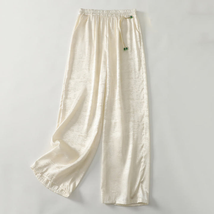 Buddha Stones Spring Casual Jacquard Solid Color Women's Cotton Linen Wide Leg Pants With Pockets - LightYellow - US8-10，UK/AU12-14，EU40-42 (2XL) - image 0