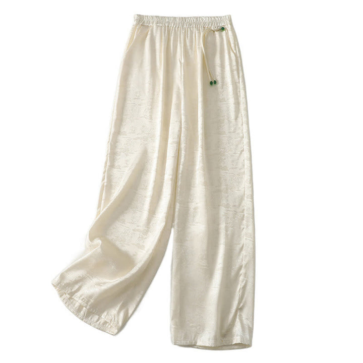 Buddha Stones Spring Casual Jacquard Solid Color Women's Cotton Linen Wide Leg Pants With Pockets
